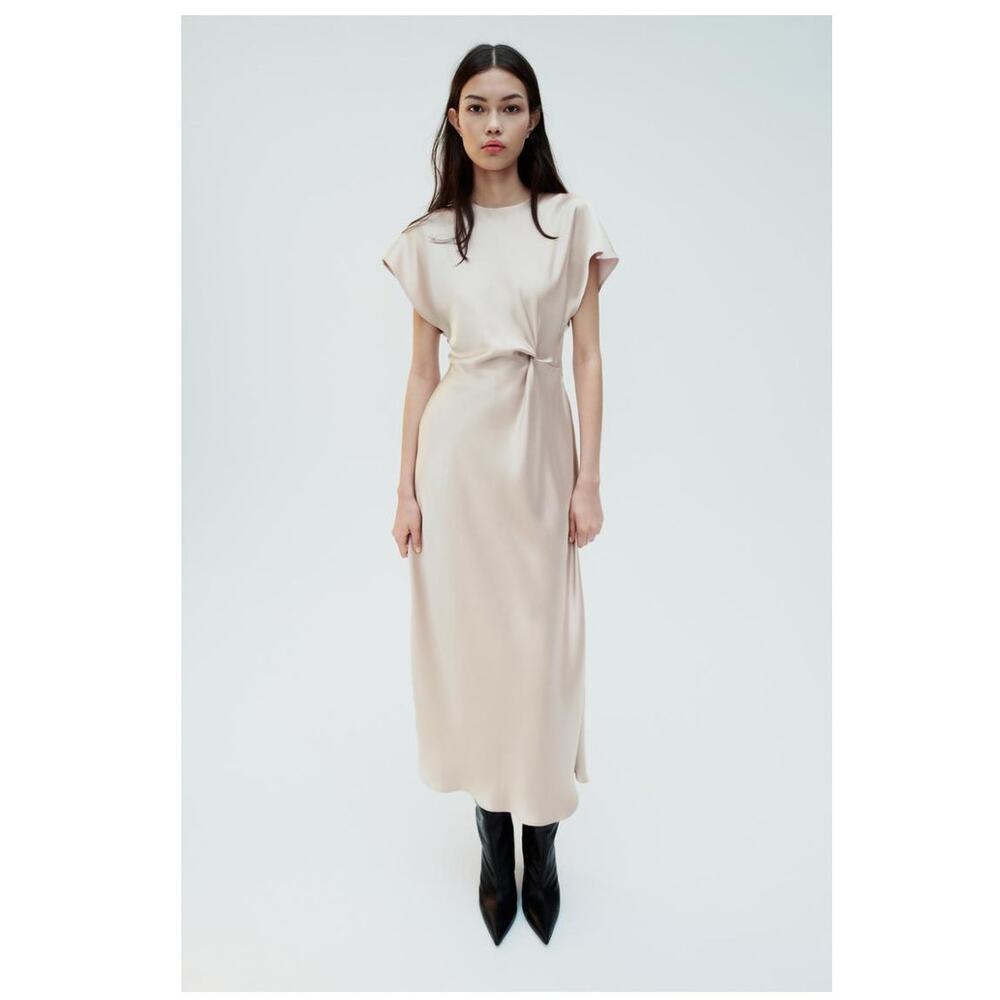 RUCHED WAIST SATIN EFFECT MIDI DRESS